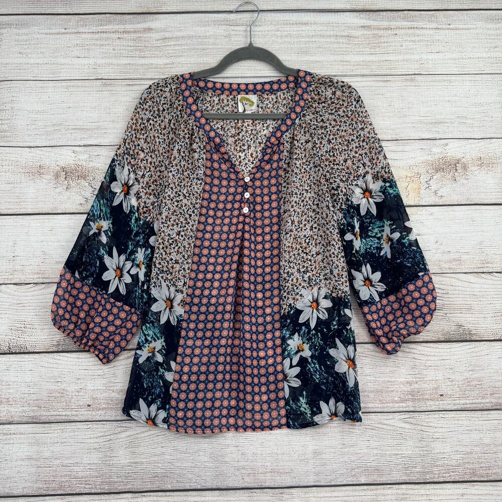 Fig and Flower BOHO Multi Print Blouse Womens Petite Large Multicolor